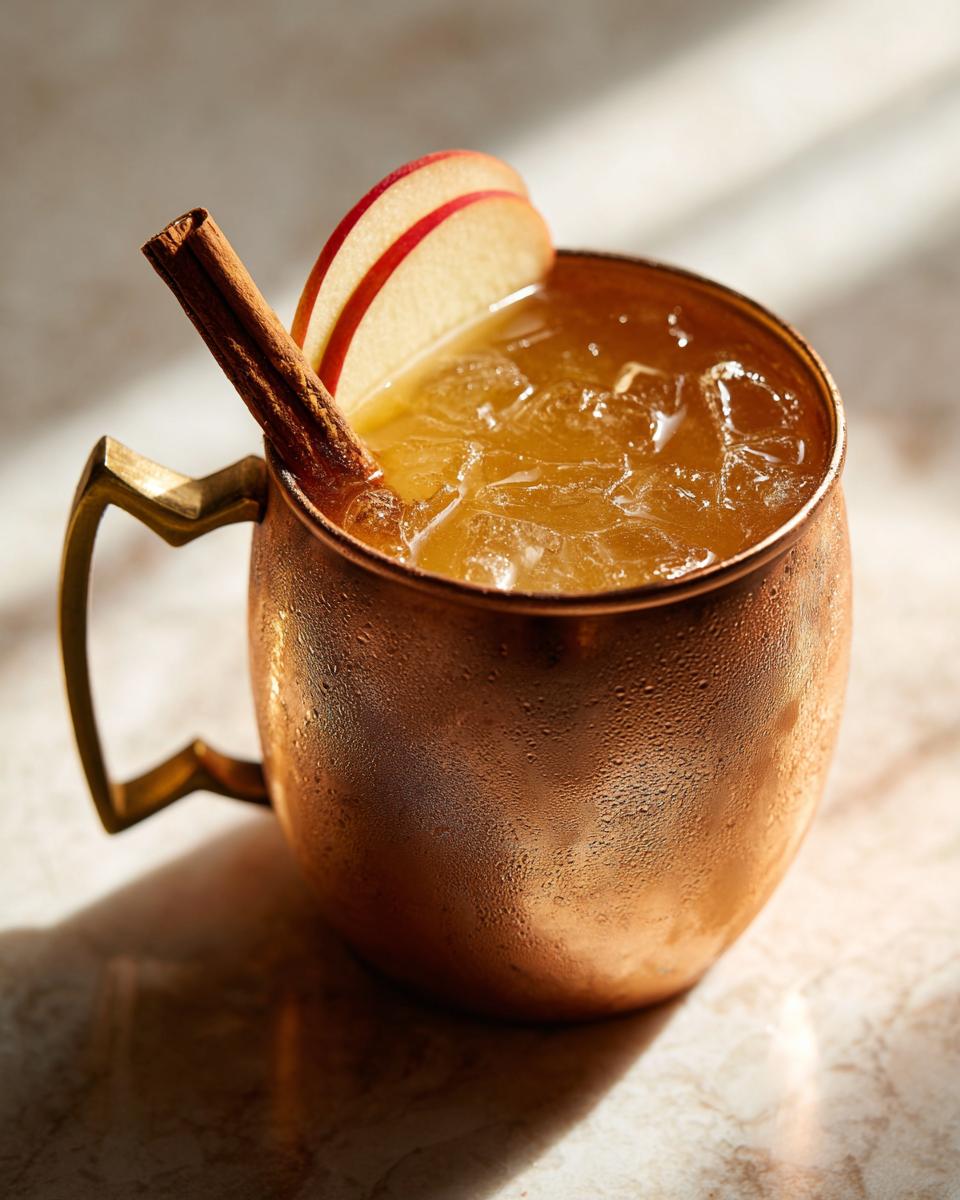 A close-up of a chilled apple cider Moscow mule cocktail in a copper mug, garnished with apple slices and a cinnamon stick.
