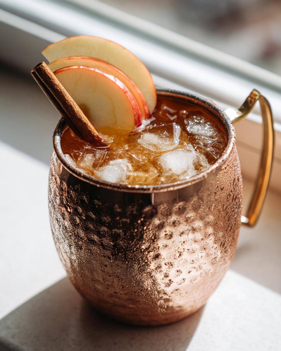 Close-up of an Apple Cider Moscow Mule cocktail filled with ice, garnished with apple slices and a cinnamon stick in a frosty copper mug.