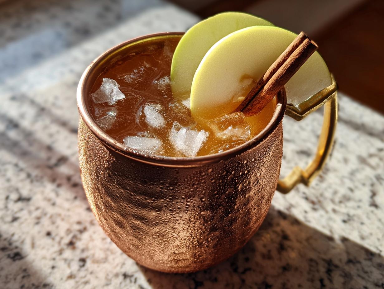 A frosty copper mug filled with an apple cider Moscow mule, garnished with green apple slices and a cinnamon stick.