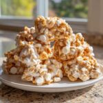 A stack of homemade avalanche cookies made with cereal and marshmallows, glistening on a white plate.