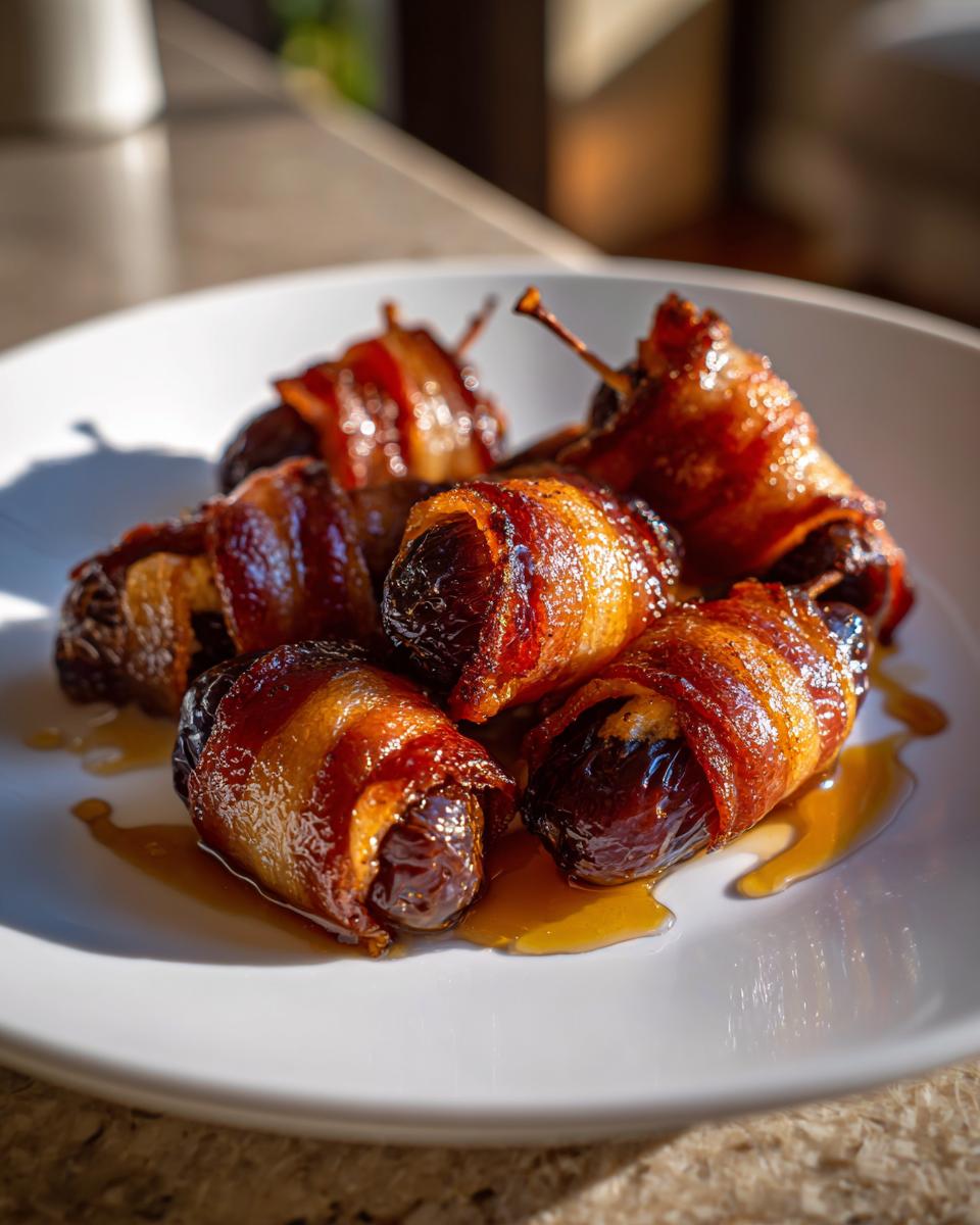 Close-up of several shiny, caramelized bacon wrapped stuffed dates glistening with glaze on a white plate.