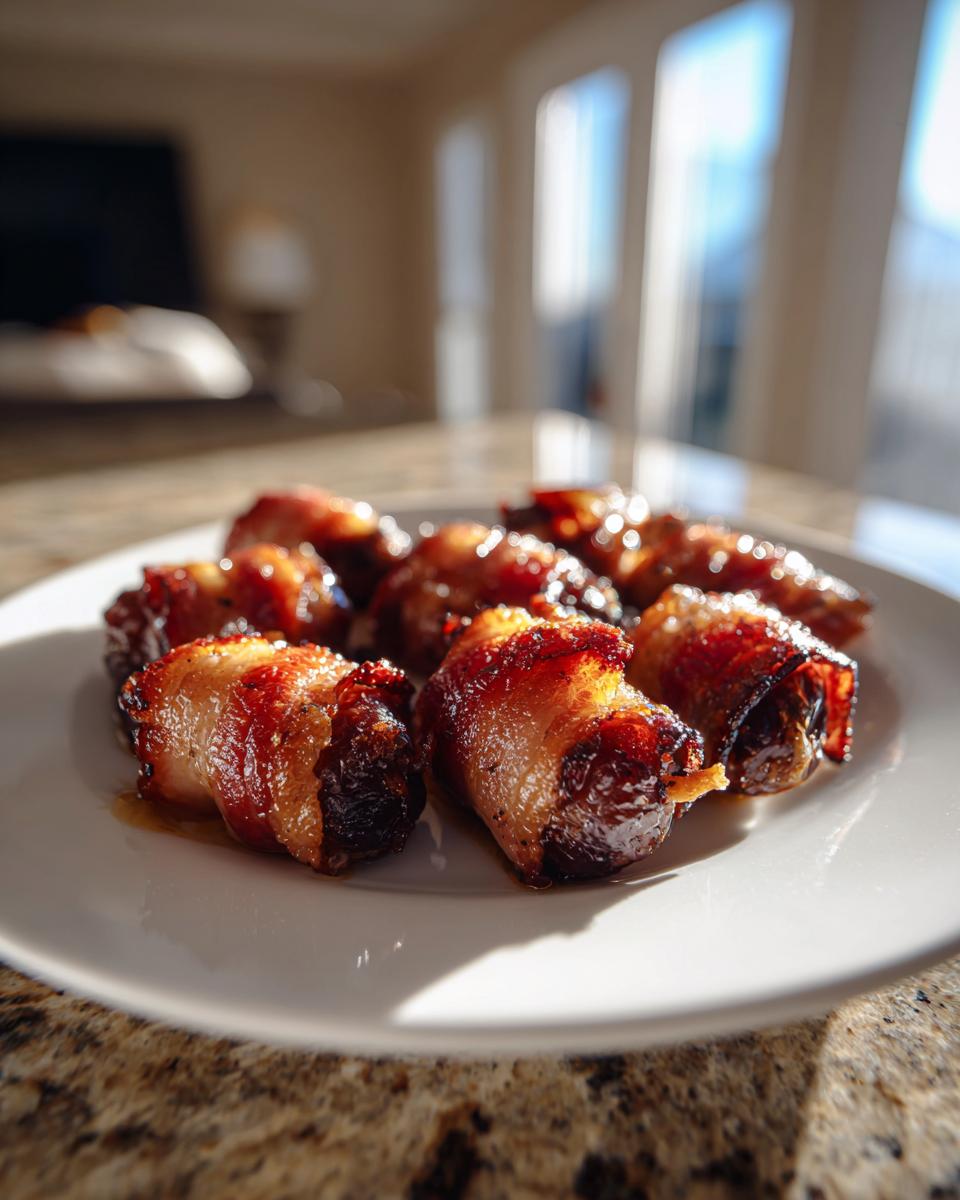 Close-up of several perfectly cooked, bacon-wrapped stuffed dates glistening on a white plate.