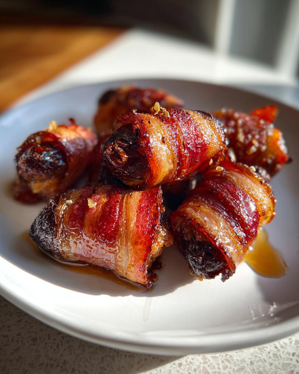 A small pile of glistening, bacon-wrapped stuffed dates served on a white plate, glistening with glaze.