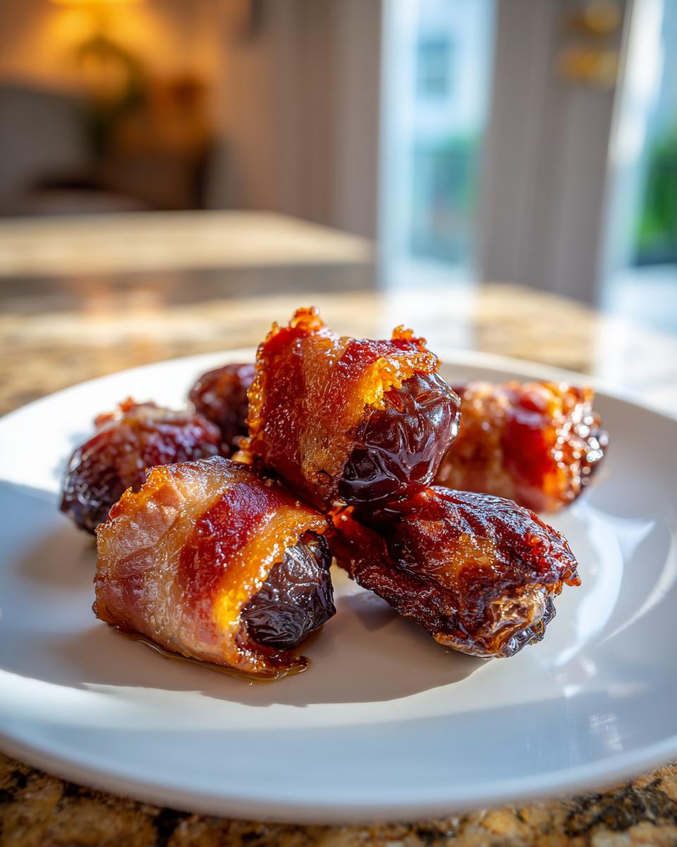 A pile of glistening, caramelized bacon wrapped stuffed dates served on a white plate.