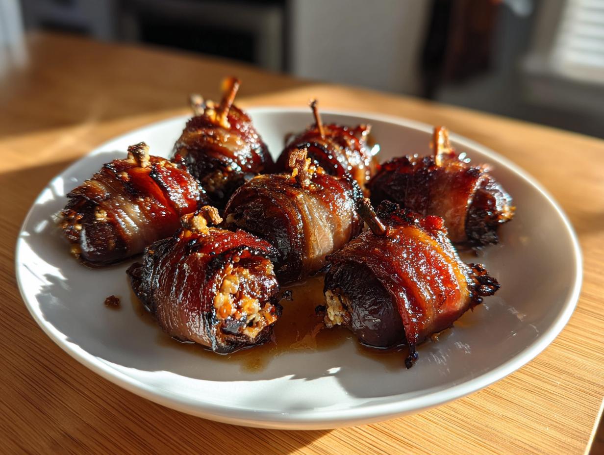 Six glistening, bacon-wrapped stuffed dates arranged on a white plate, showing the caramelized glaze.
