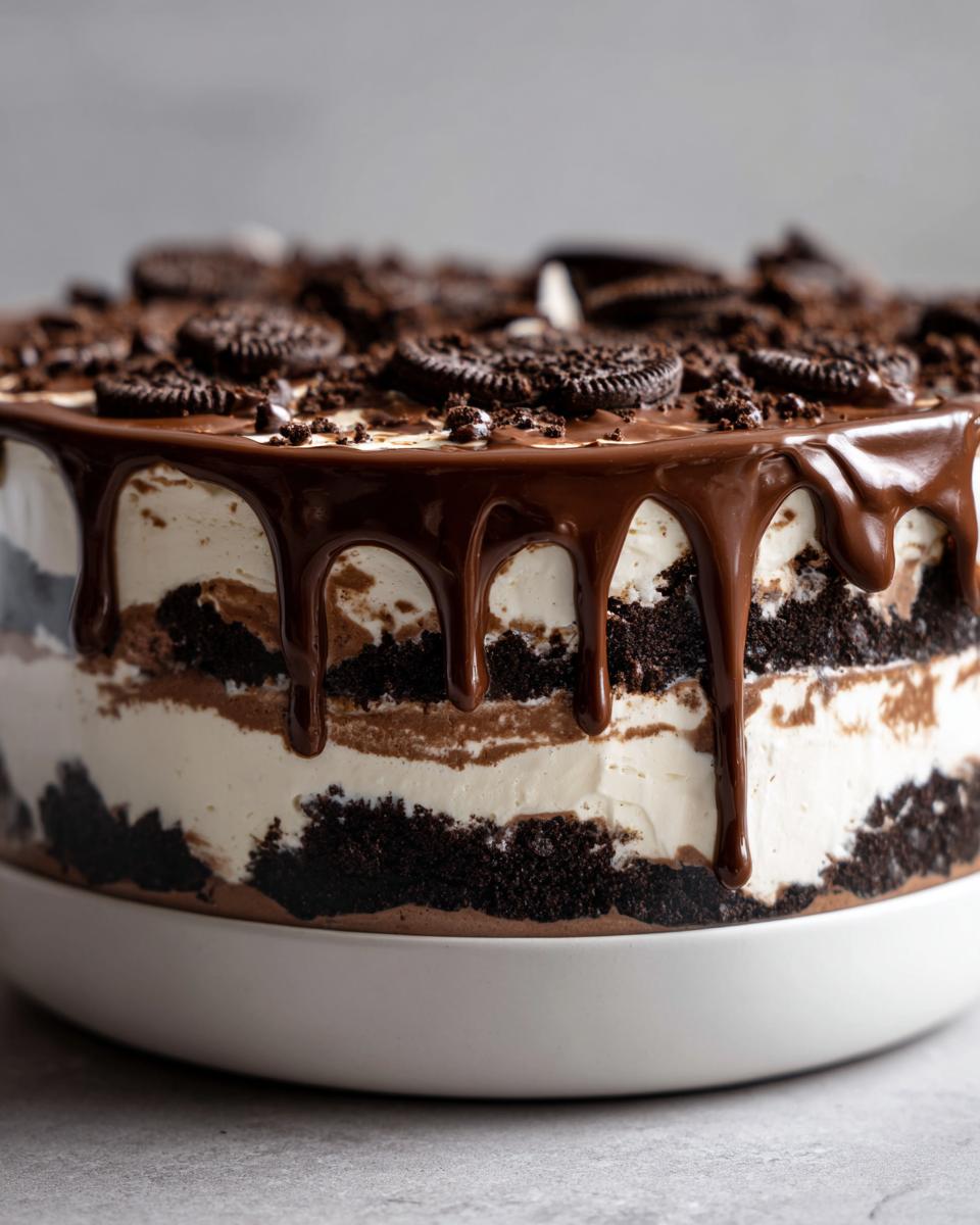 Close-up of a layered Baileys Chocolate Cheesecake Trifle topped with chocolate ganache drip and Oreo cookies.