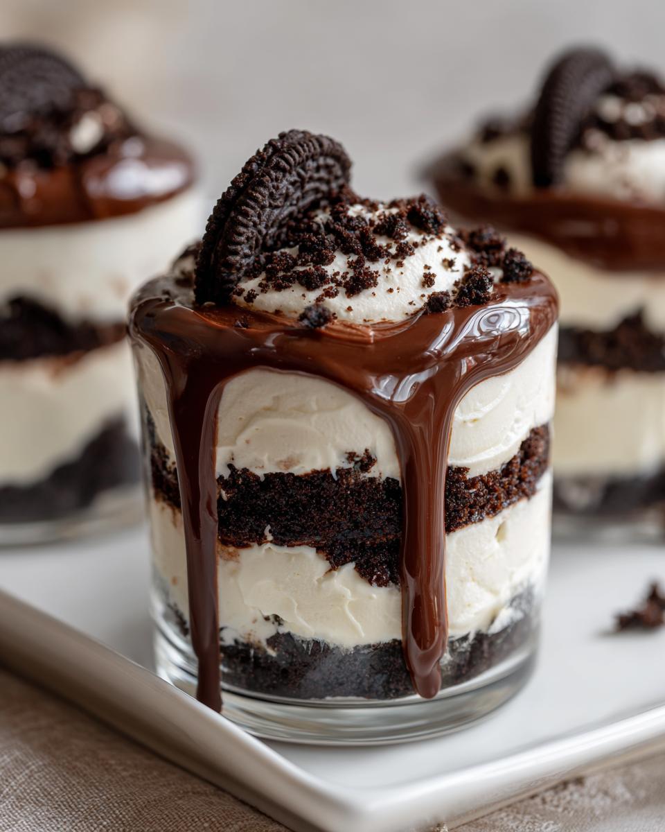 A close-up of a single serving Baileys Chocolate Cheesecake Trifle layered with cream, chocolate cake, and topped with chocolate drizzle and an Oreo cookie.
