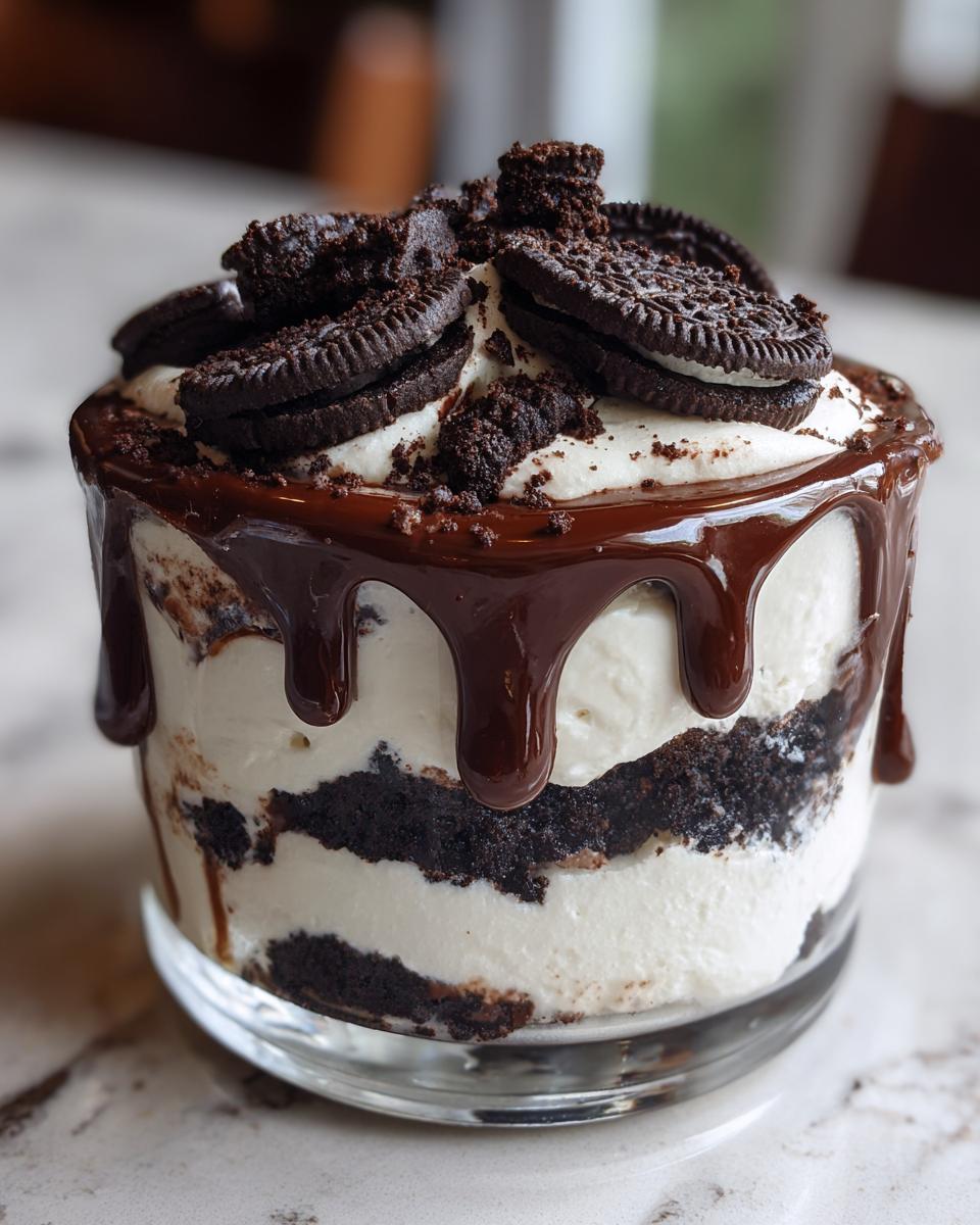Close-up of a single serving Baileys Chocolate Cheesecake Trifle layered with cream, chocolate cake, and topped with Oreos and chocolate drizzle.