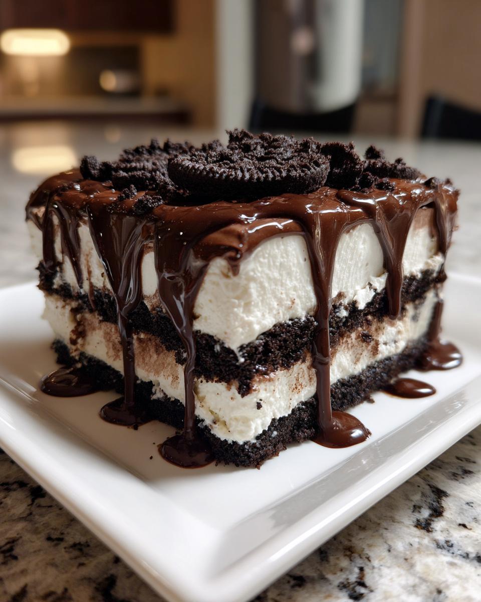 A decadent slice of Baileys Chocolate Cheesecake Trifle layered with dark cake, white cream, and topped with chocolate sauce and cookies.