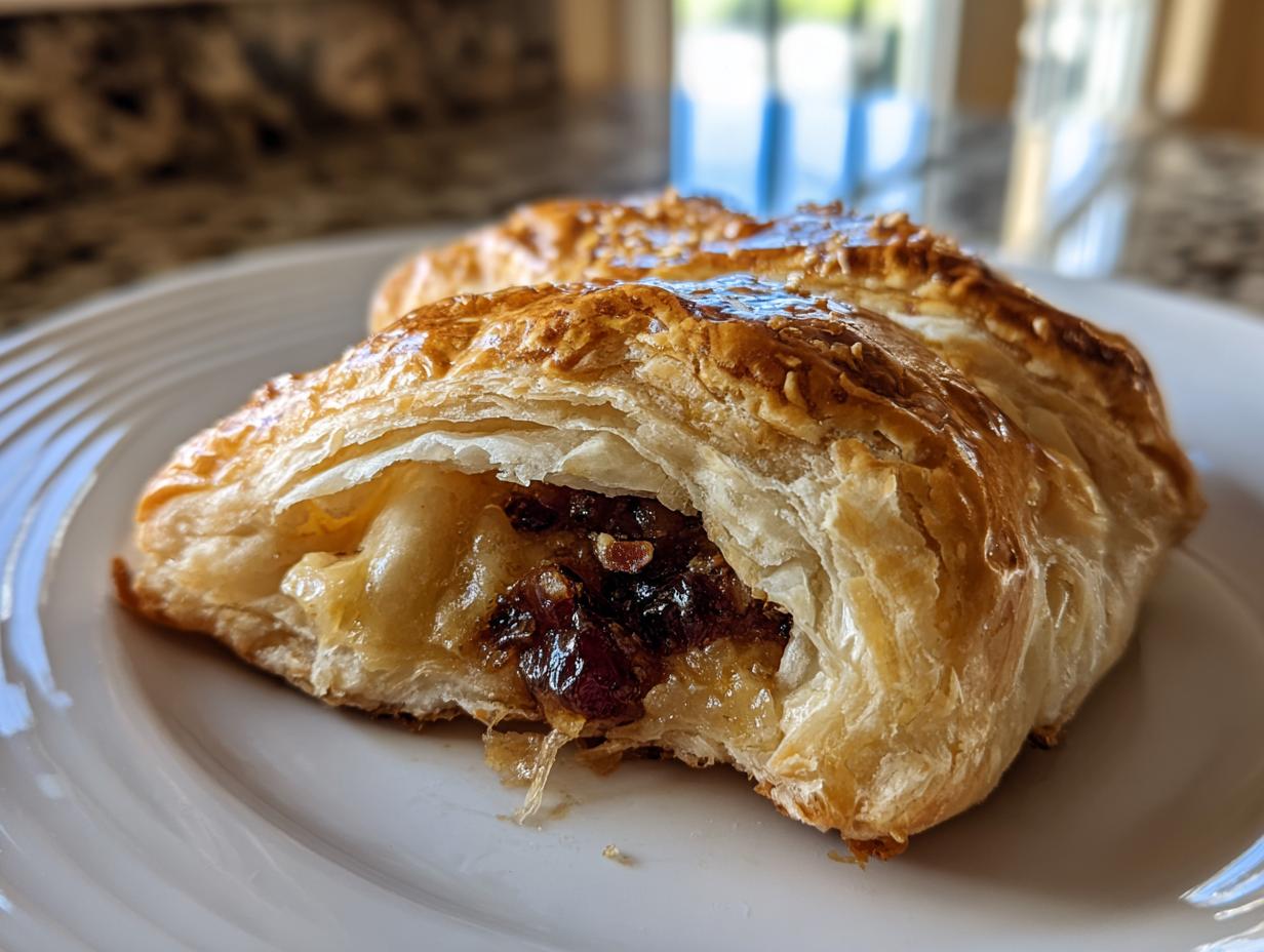 Close-up of a golden brown baked brie in puff pastry, cut open to show melted brie and jam filling.