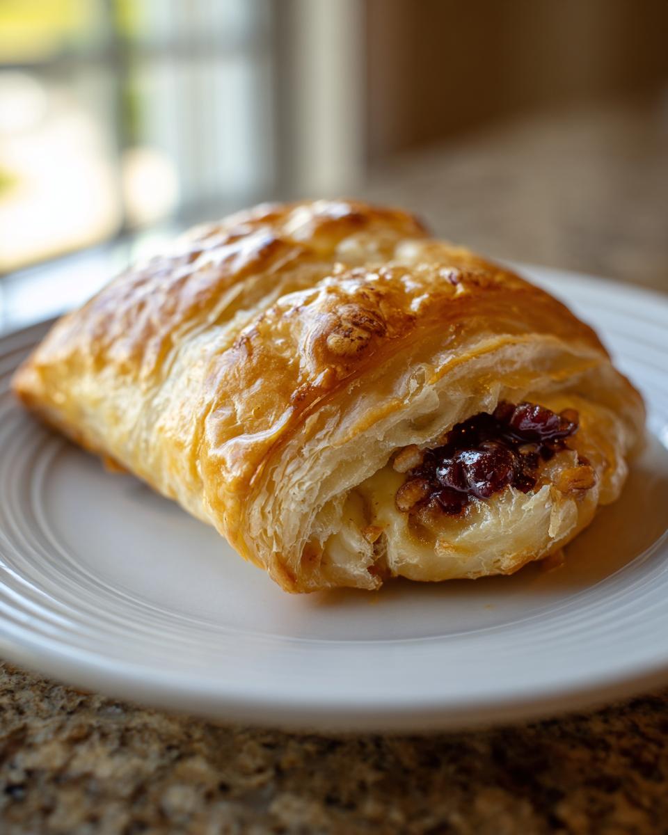 A close-up of baked brie in puff pastry, showing golden flaky layers and a warm, gooey center topped with dark jam.