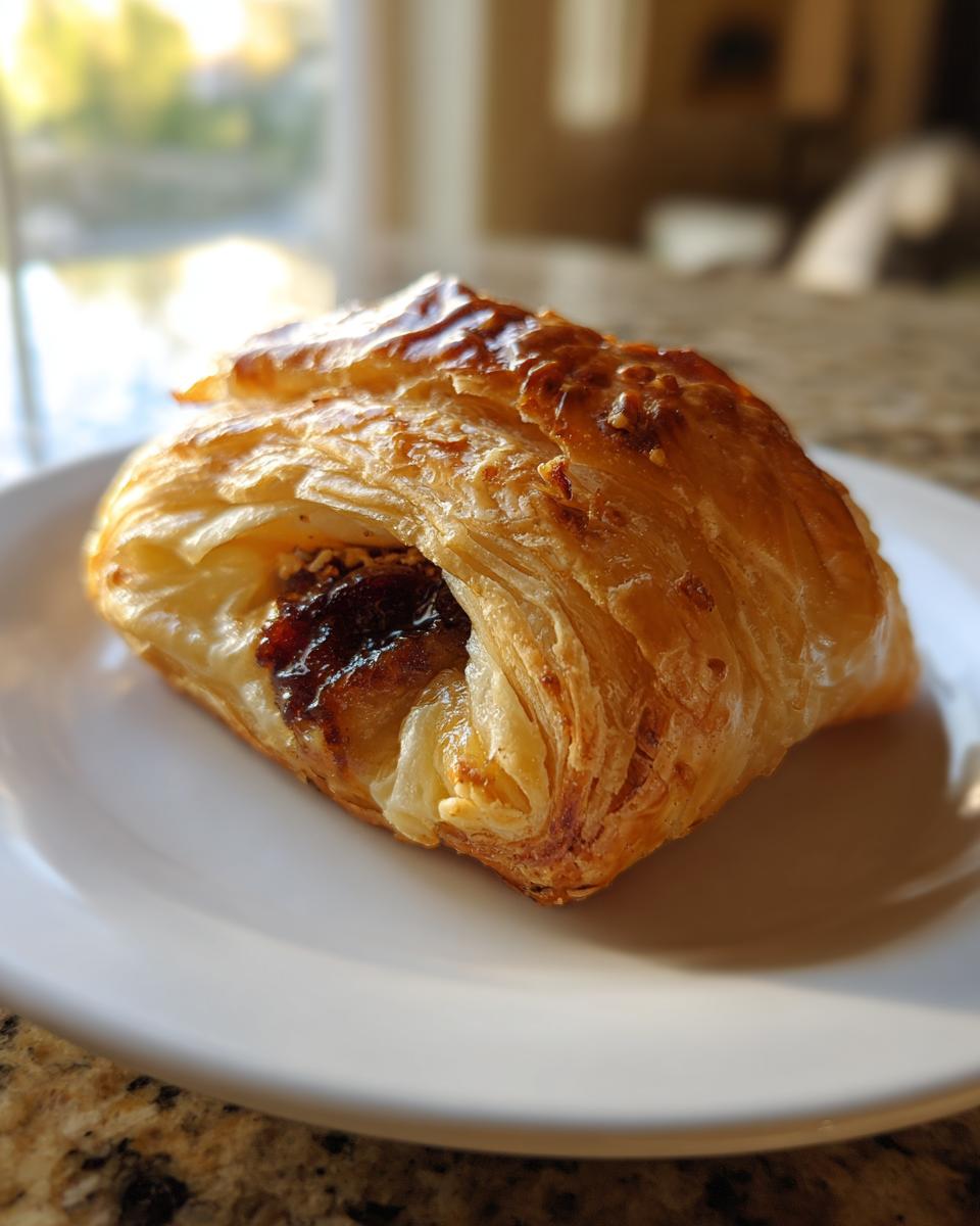 A single serving of baked brie in puff pastry, showing flaky golden crust and dark jam filling, served on a white plate.