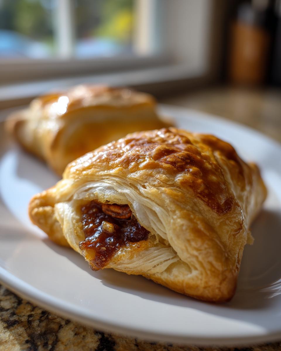 Close-up of a golden baked brie in puff pastry square, showing melted filling and flaky layers.