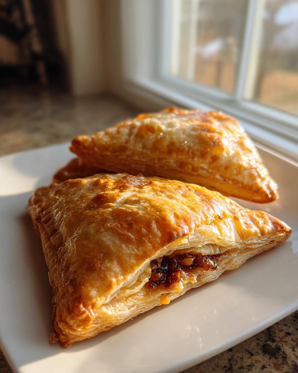 Two golden brown, flaky baked brie in puff pastry turnovers resting on a white plate near a window.