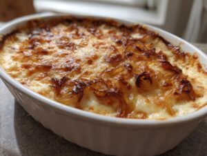 Close-up of hot, baked caramelized onion dip topped with melted, browned cheese.