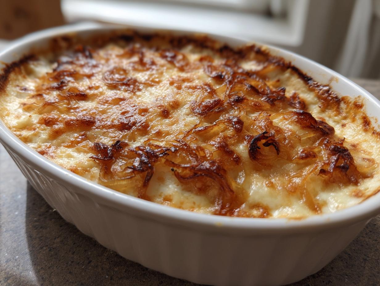 Close-up of hot, baked caramelized onion dip topped with melted, browned cheese.
