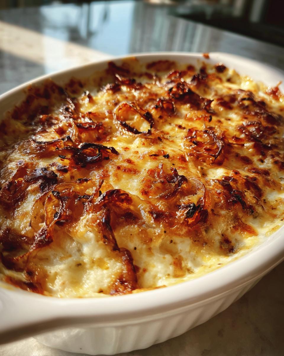 Close-up of hot, baked caramelized onion dip topped with melted cheese and browned onions.