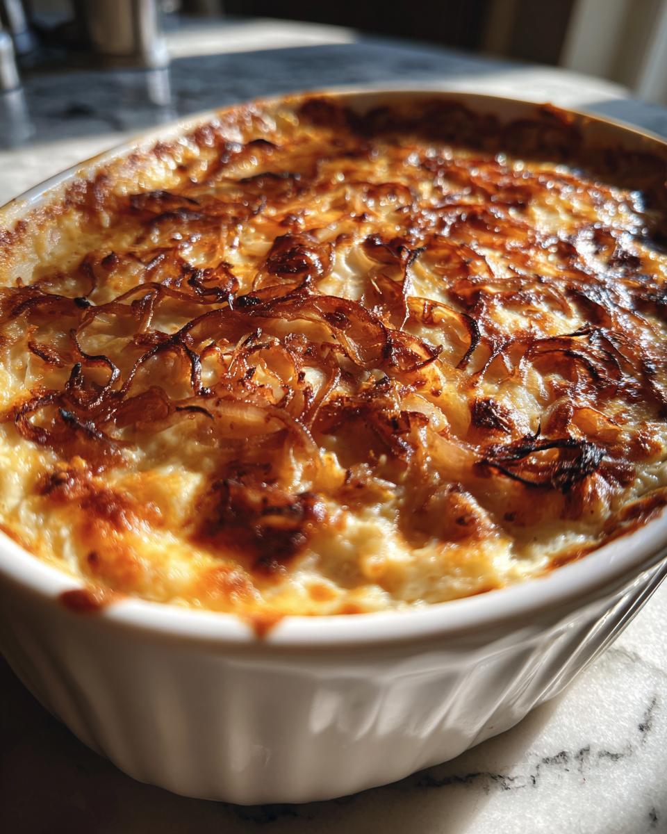 Close-up of hot, baked caramelized onion dip in a white ramekin with a bubbly, browned, and crispy onion topping.