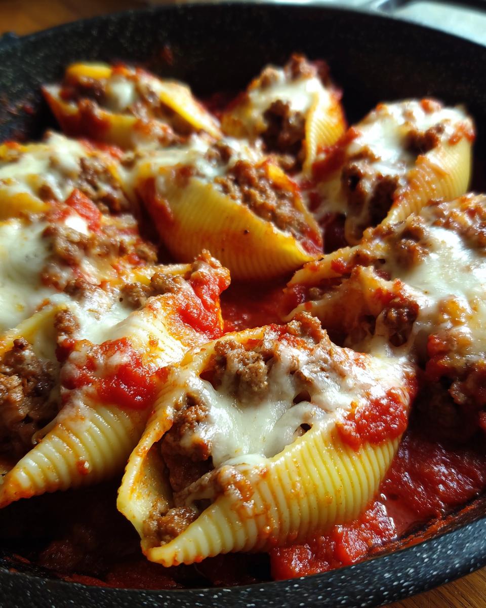 Close-up of baked stuffed shells filled with meat sauce and topped with melted mozzarella cheese.