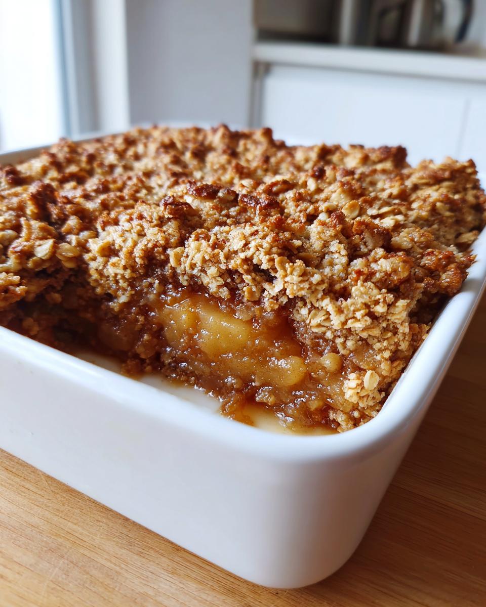 A close-up view of a baked pear crisp with a thick, golden-brown oat topping and bubbling fruit filling in a white baking dish.