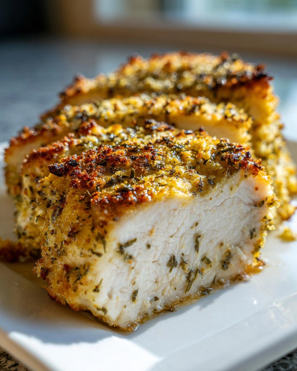 Close-up of sliced baked ranch chicken showing a golden, herbed crust and moist interior.