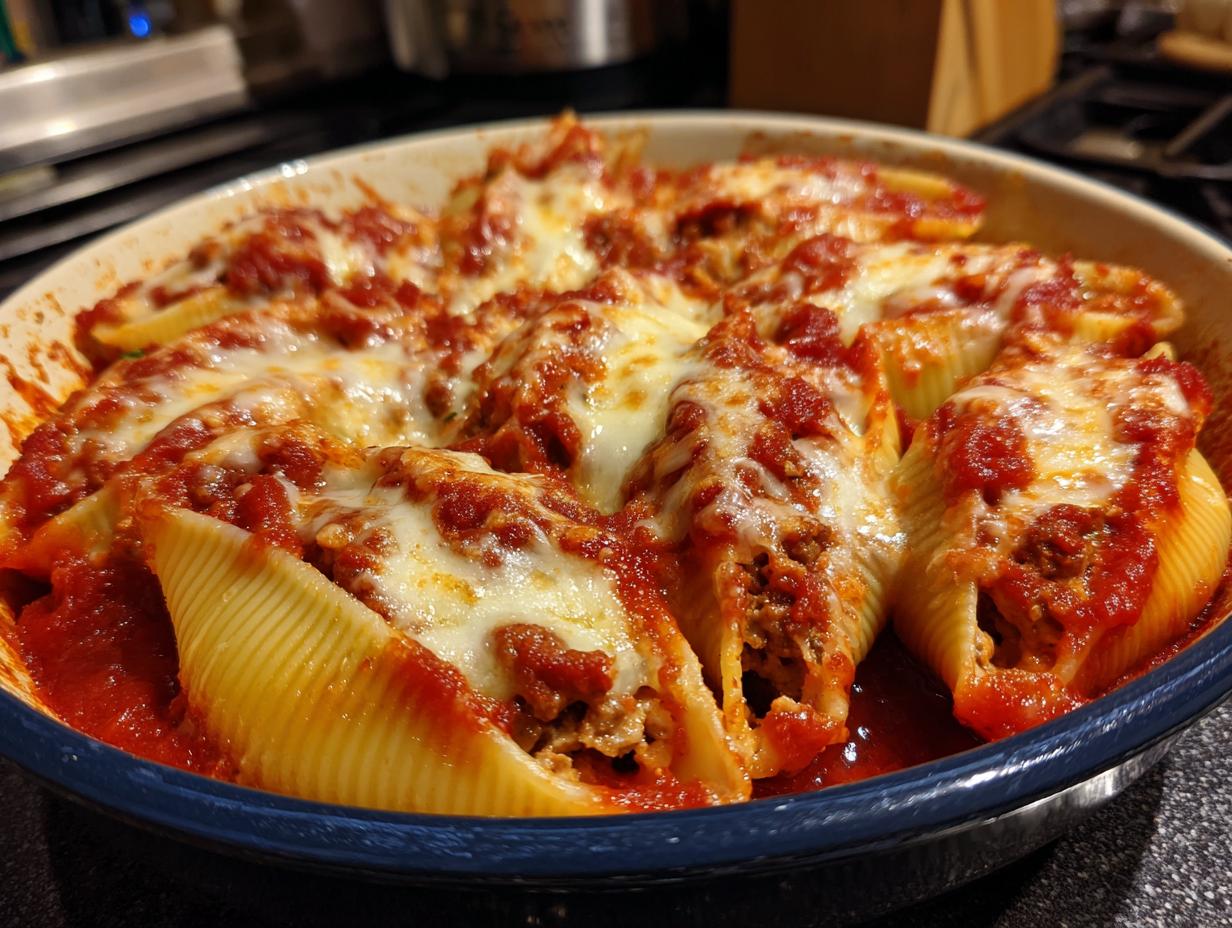 Close-up of baked stuffed shells covered in marinara sauce and melted mozzarella cheese, ready to serve.