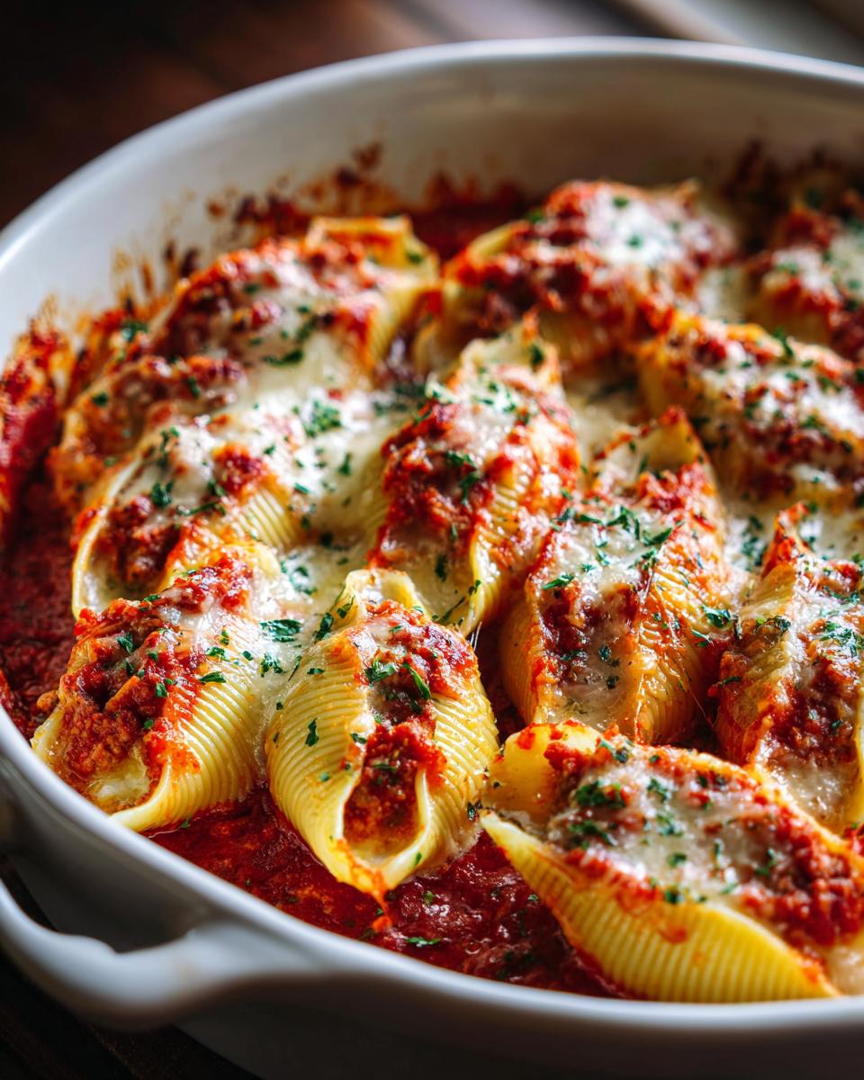 Close-up of baked stuffed shells covered in marinara sauce and melted mozzarella cheese, sprinkled with parsley.
