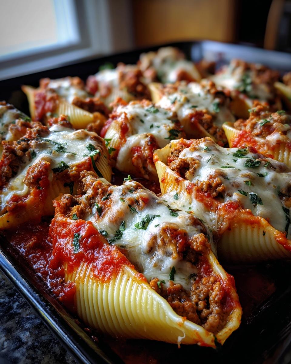 Close-up of baked stuffed shells filled with meat sauce and topped with melted mozzarella cheese and parsley.