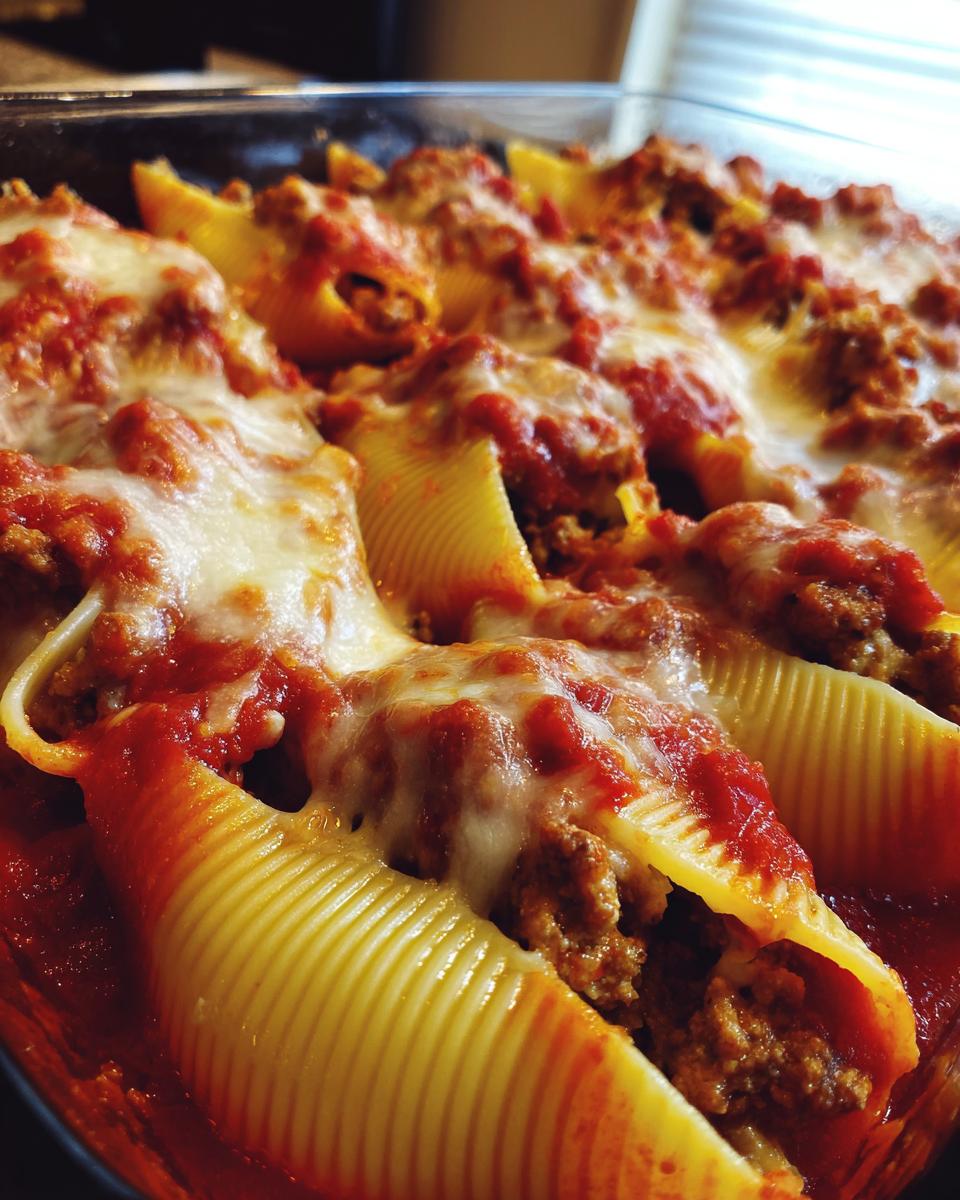 A close-up view of baked stuffed shells filled with meat, covered in rich tomato sauce and melted mozzarella cheese.