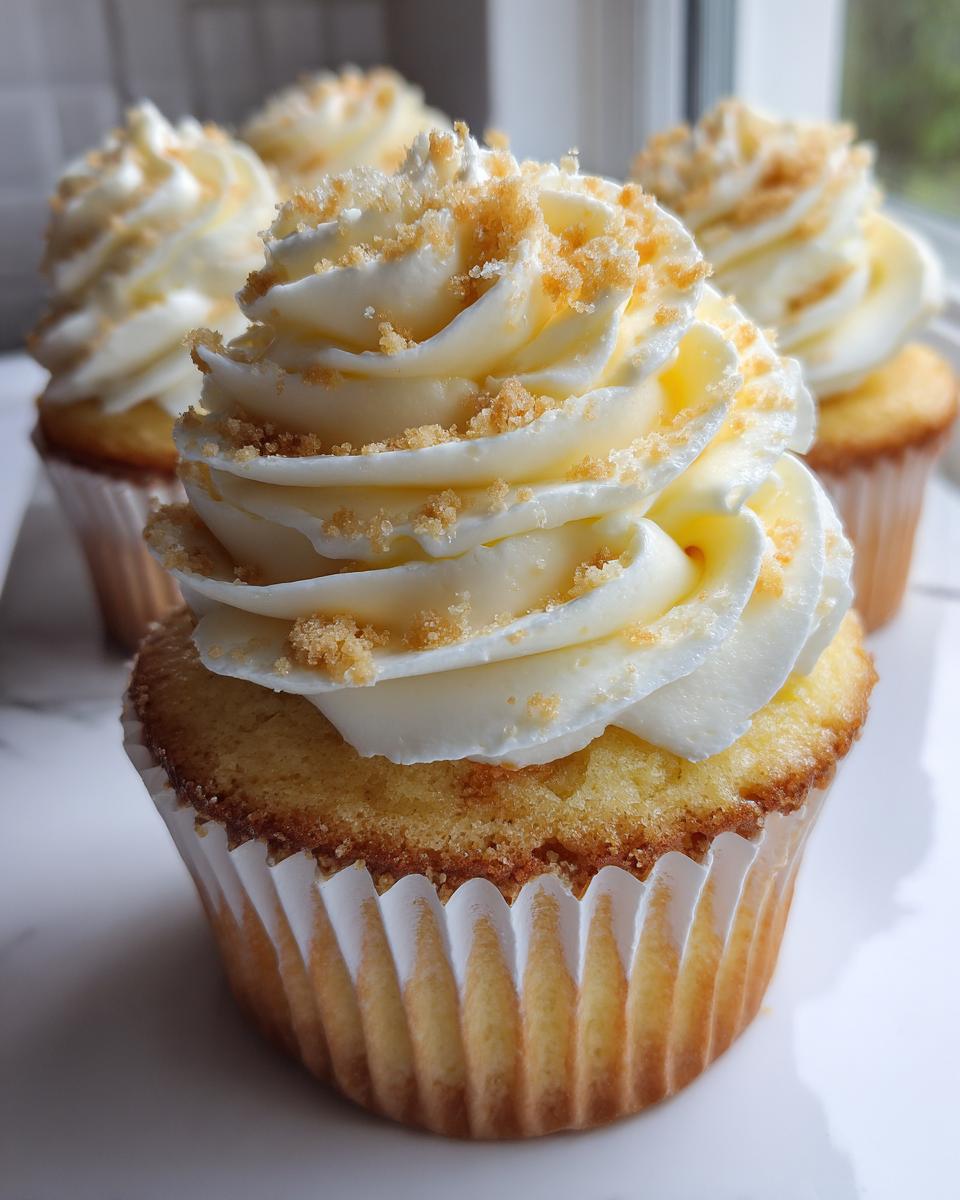 A close-up of a perfectly frosted banana pudding cupcake topped with vanilla buttercream and crushed wafer crumbs.