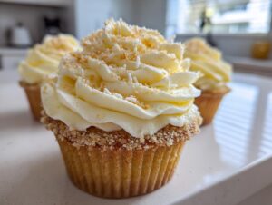 A close-up of a perfectly frosted banana pudding cupcakes topped with crushed wafer crumbs.