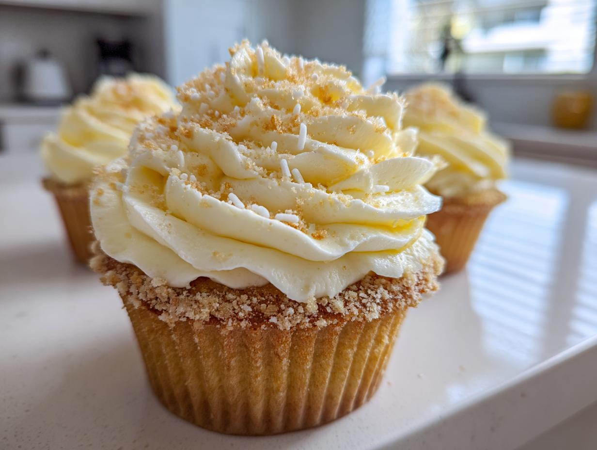 A close-up of a perfectly frosted banana pudding cupcakes topped with crushed wafer crumbs.