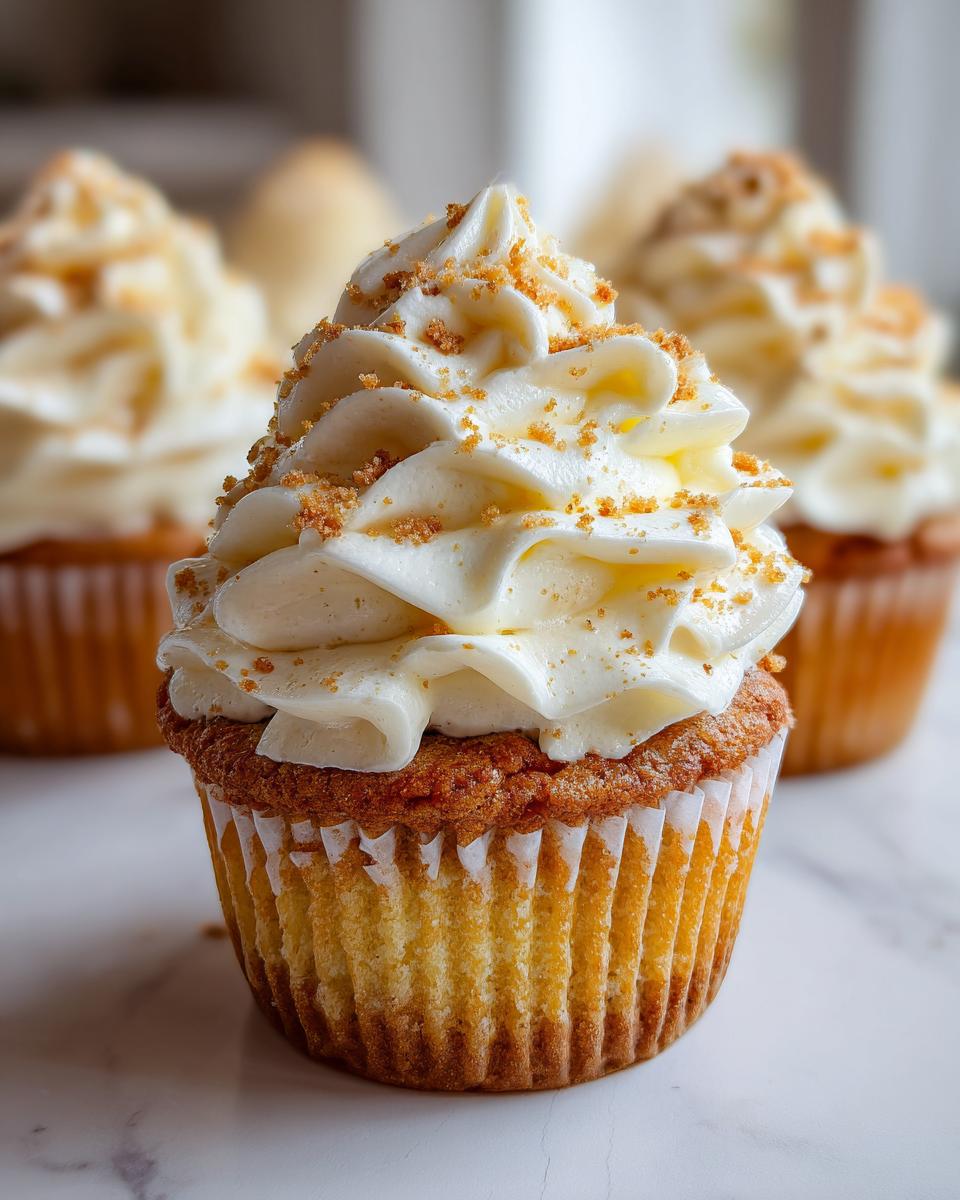 A close-up of a delicious banana pudding cupcakes topped with creamy white frosting and crushed wafer crumbs.