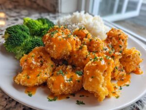 A plate featuring crispy, sauced Bang Bang Chicken served alongside white rice and steamed broccoli florets.