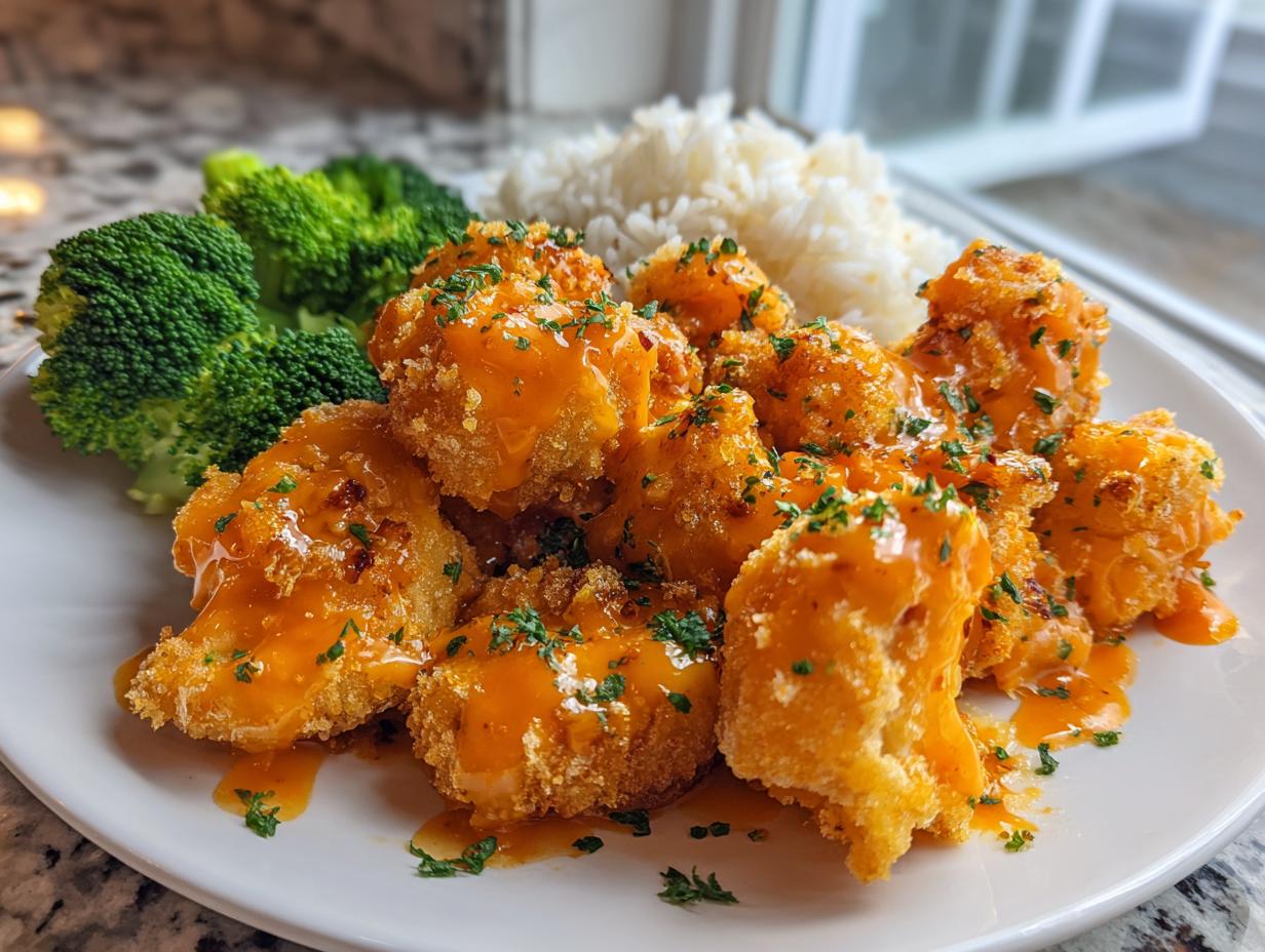 A plate featuring crispy, sauced Bang Bang Chicken served alongside white rice and steamed broccoli florets.