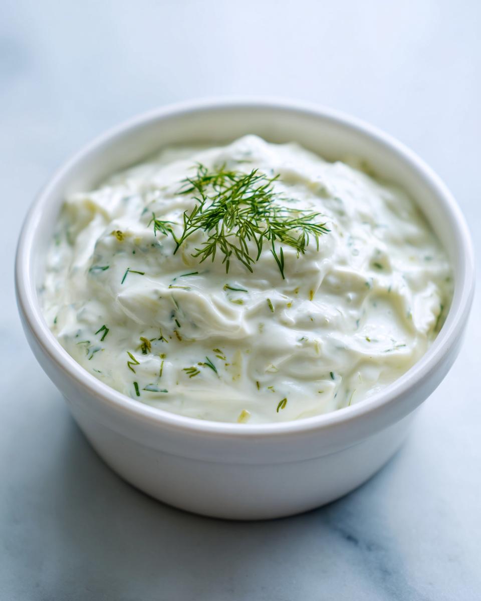 Close-up of creamy homemade tartar sauce garnished with fresh dill in a small white bowl.