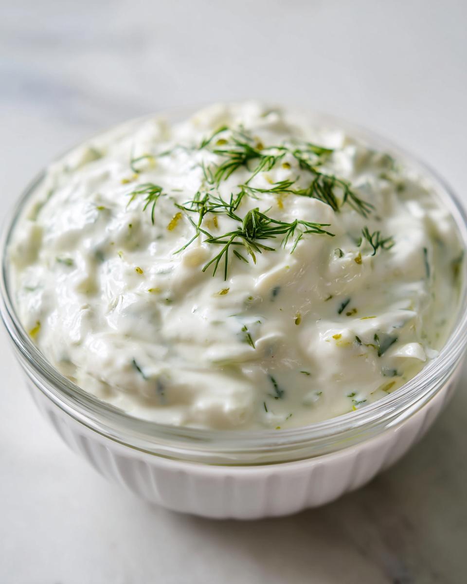 Close-up of creamy, homemade tartar sauce topped with fresh dill in a small white bowl.