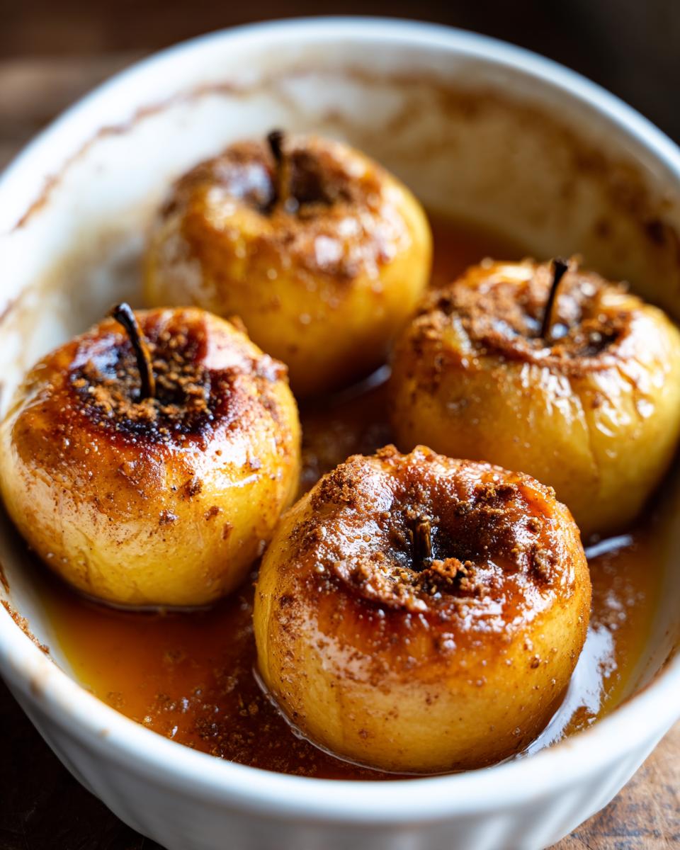 Close-up of four golden brown baked apples topped with cinnamon sugar, sitting in a syrupy sauce in a white baking dish.