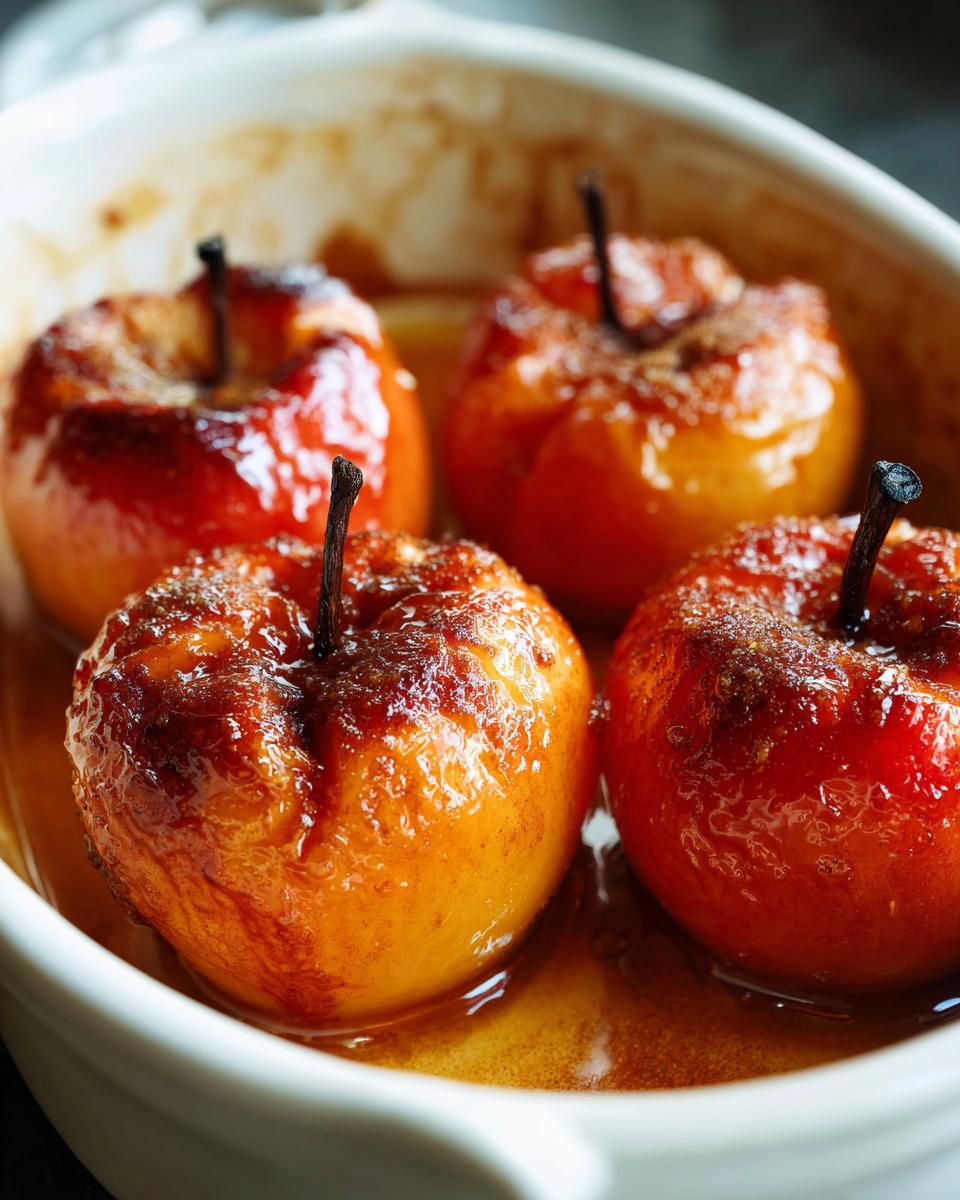 Close-up of four glossy, caramelized baked apples sitting in a sweet syrup in a white baking dish.