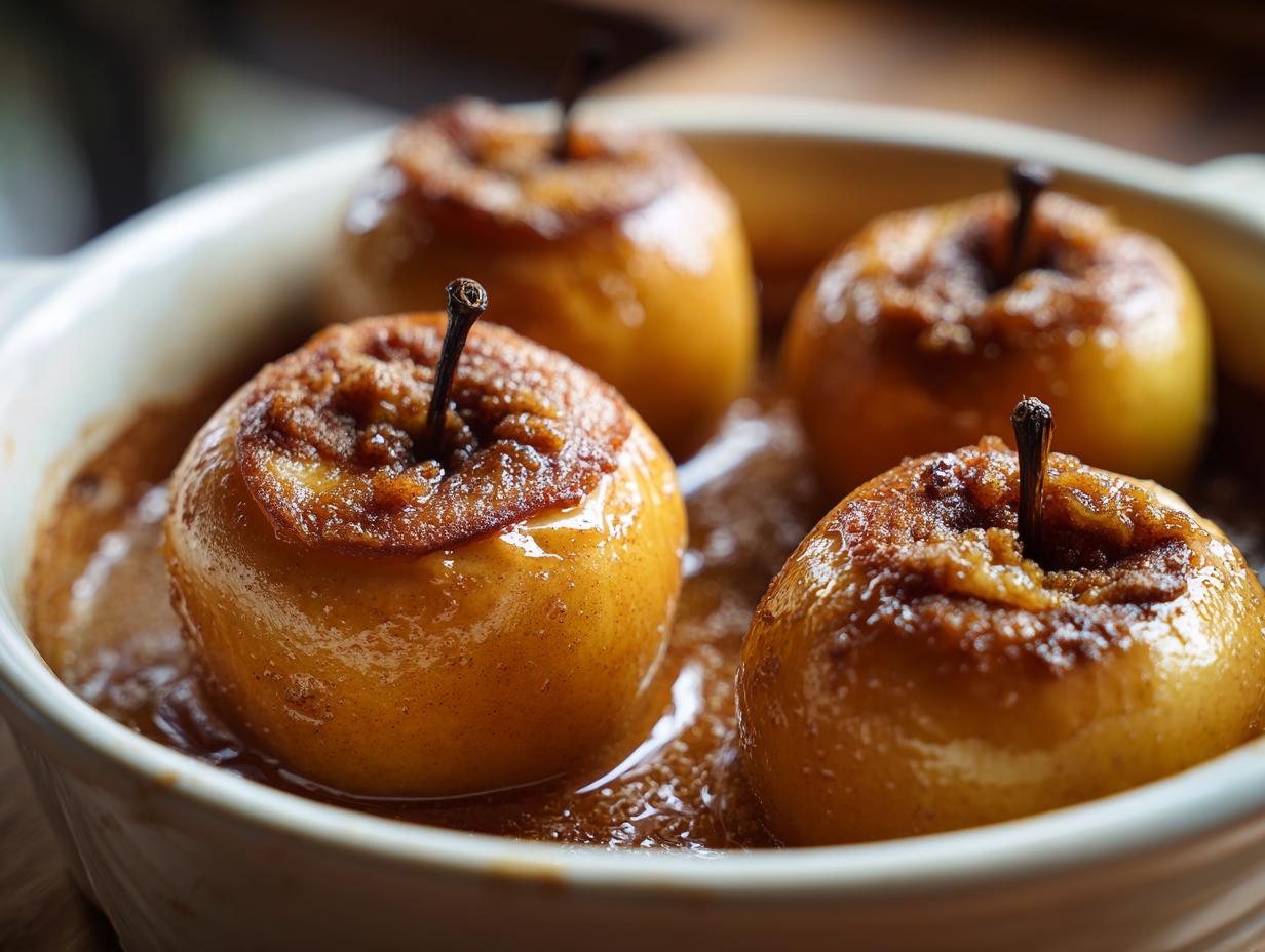 Close-up of four golden baked apples with caramelized cinnamon filling sitting in a white baking dish.