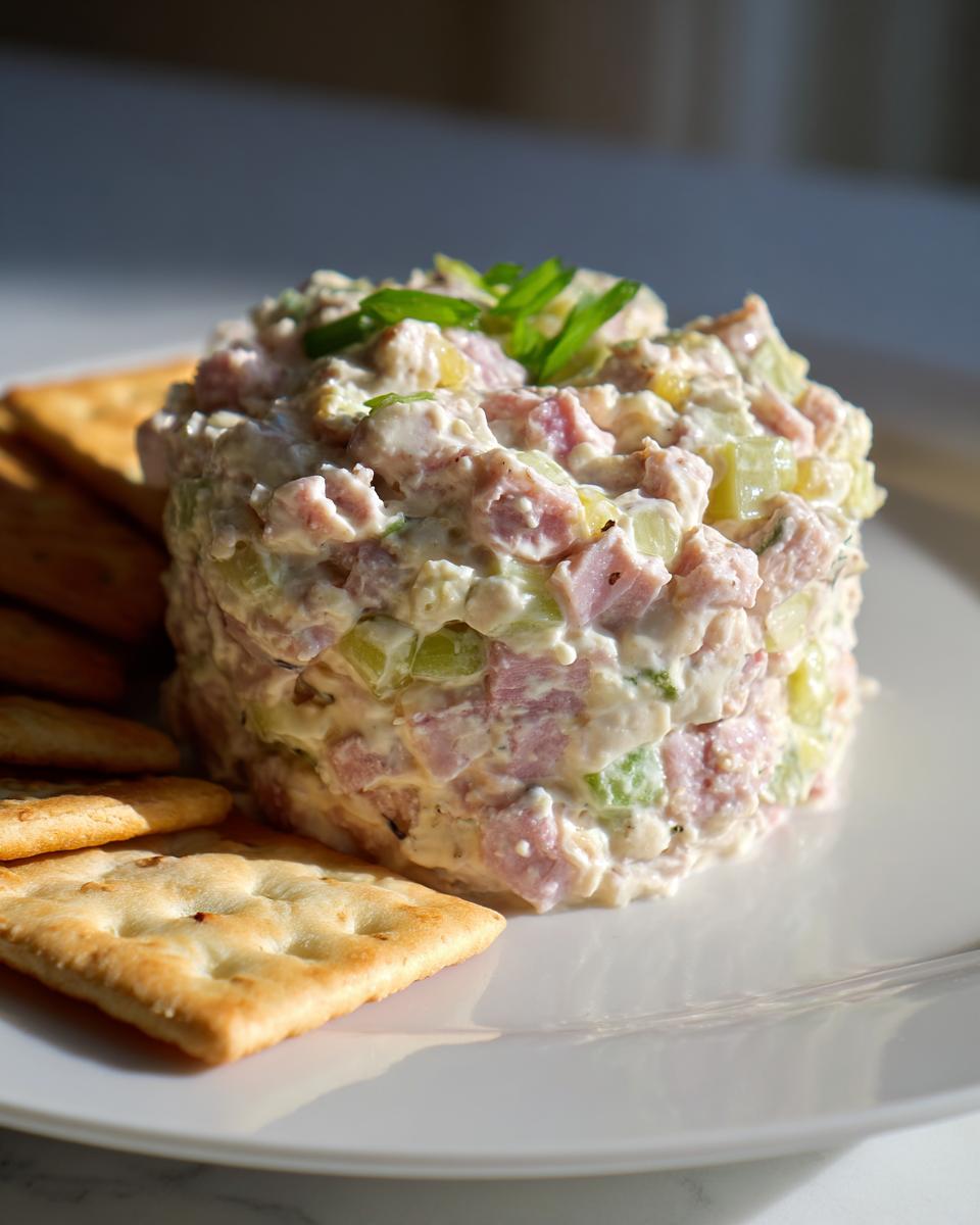 A molded serving of creamy ham salad recipe with visible chunks of ham and celery, garnished with chives, next to square crackers.