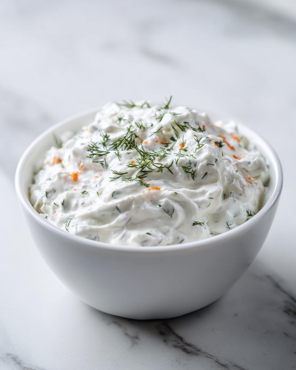 Close-up of creamy homemade tartar sauce topped with fresh dill and a sprinkle of orange roe in a white bowl.
