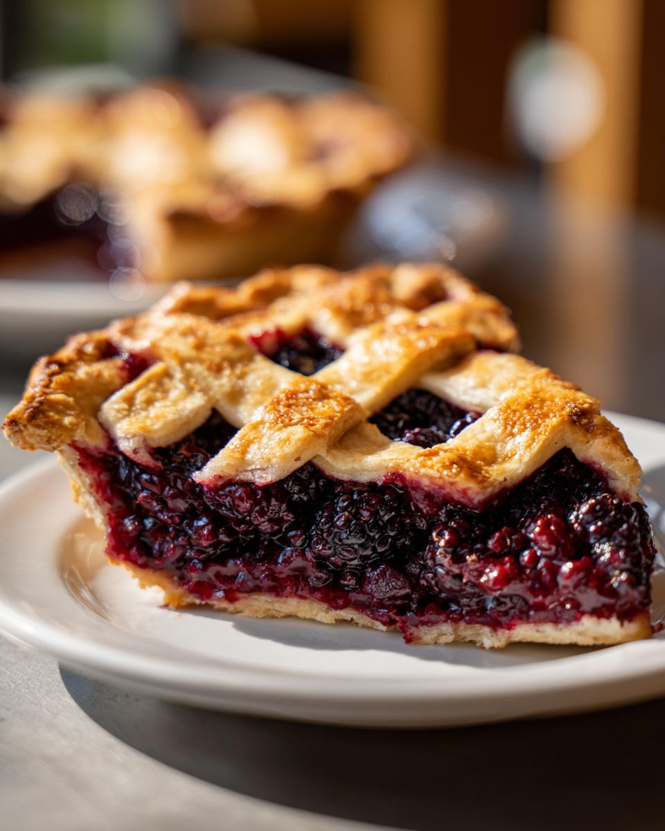 Close-up of a generous slice of blackberry pie showing a thick, juicy filling and golden lattice crust.