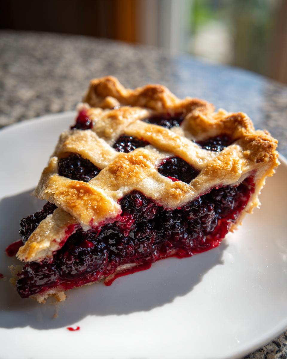 A close-up slice of amazing blackberry pie featuring a juicy, dark purple filling and a golden lattice crust.