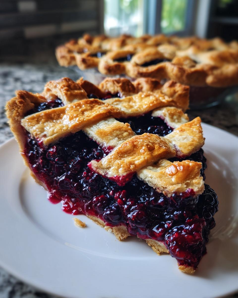 A close-up of a thick slice of juicy blackberry pie with a golden lattice crust served on a white plate.