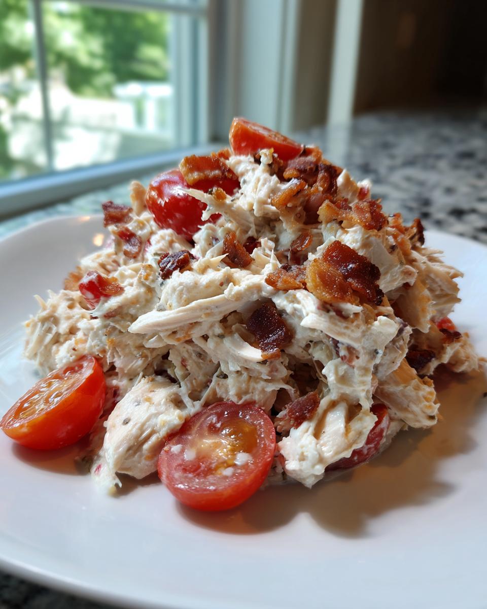 A mound of creamy blt chicken salad topped with crispy bacon bits and garnished with halved cherry tomatoes on a white plate.