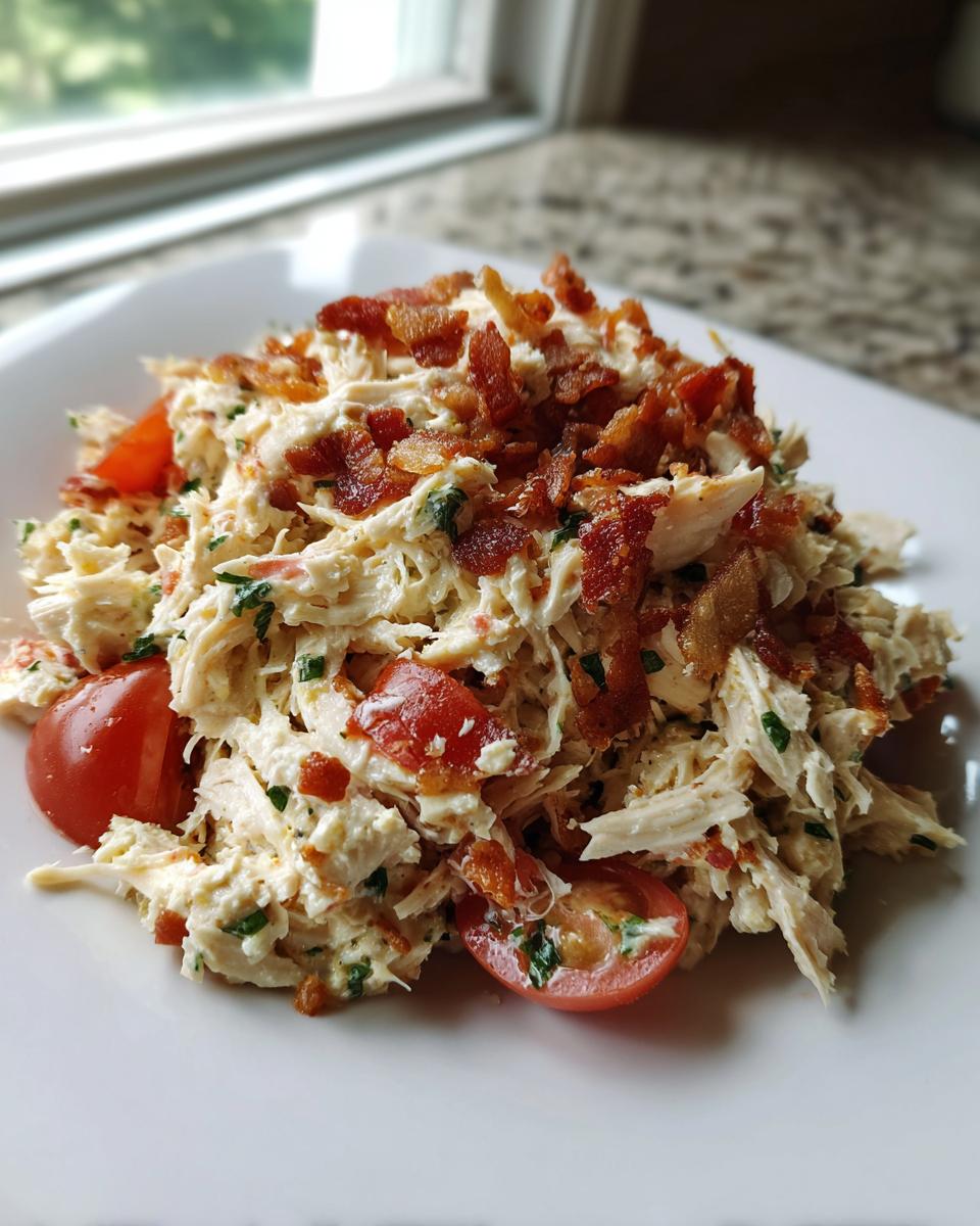 A mound of creamy blt chicken salad topped with crispy bacon bits and mixed with halved cherry tomatoes.