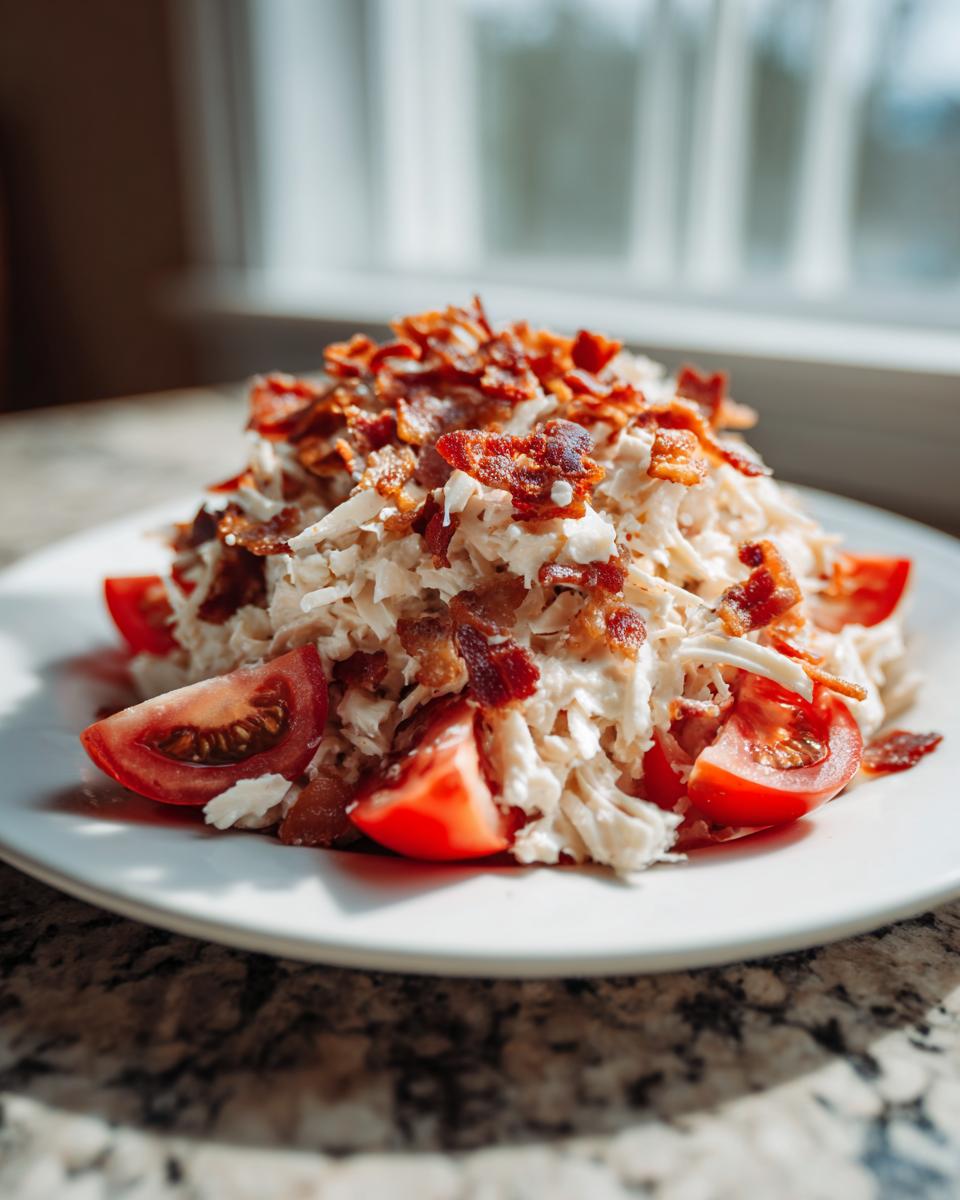 A mound of creamy blt chicken salad garnished with crispy bacon bits and fresh tomato wedges on a white plate.