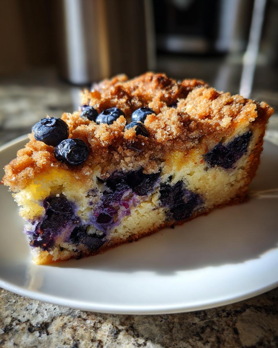 Close-up of a moist slice of blueberry breakfast cake topped with brown sugar streusel.