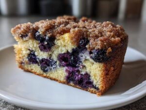 Close-up of a moist slice of blueberry breakfast cake topped with brown sugar streusel, served on a white plate.